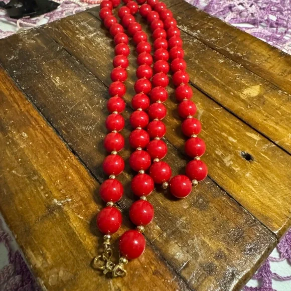 Monet Red Beaded Necklace and Earring Set - Picture 5 of 10